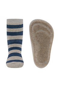 Chaussette rayée avec un motif bleu et beige, en matériau tricot doux, et un dessous texturé pour une meilleure adhérence. Présente une forme de orteil arrondi.