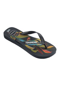 Tongs Havaianas noires avec un motif de feuilles colorées sur la semelle et une bride en Y noire texturée portant le nom de la marque.