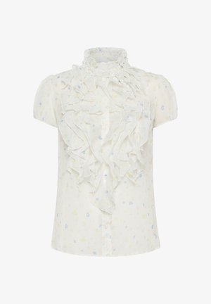 Biela košeľa s volánikmi na prednej strane, vysokým golierom, krátkymi rukávmi a kvetinovým vzorom v modrej a žltej farbe. Ľahká, štruktúrovaná látka.