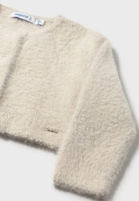 Cardigan per bambini in peluche color crema con maniche lunghe e apertura frontale, taglia 12 mesi, etichettato "mayoral."