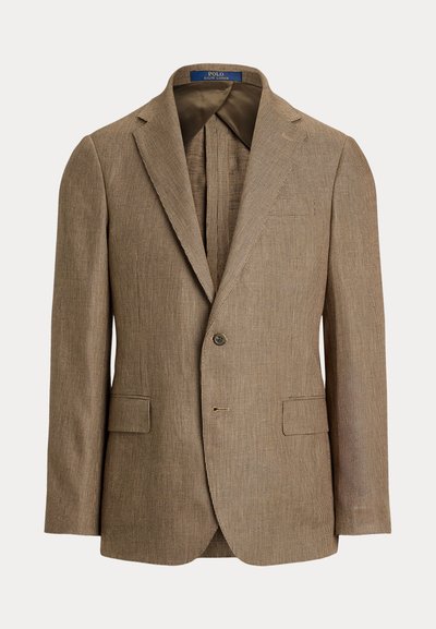 Καφέ σακάκι καρό με ανάγλυφη υφή, γιακά με κομμένο άκρο, δύο μπροστινές τσέπες και κουμπί κλεισίματος. Υφασμάτινη επιφάνεια με γυαλιστερή εμφάνιση.