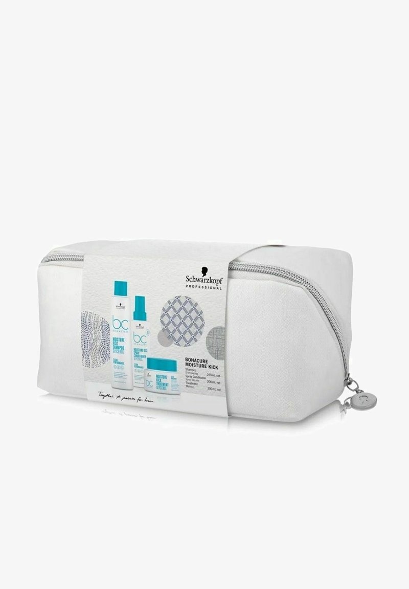 Vit rektangulär necessär med dragkedja som har märket Schwarzkopf Bonacure Moisture Kick för hårvårdsprodukter på framsidan.