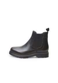 Bottes Chelsea en cuir noir avec des panneaux latéraux en élastique, une languette, une semelle en caoutchouc texturée et une conception élégante à bout rond.
