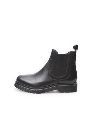 Schwarze Leder-Chelsea-Stiefel mit elastischen Seitenpaneelen, einer Zuglasche, einer strukturierten Gummisohle und einem schlanken, runden Zehendesign.