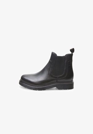 Black leather Chelsea boot featuring elastic side panels, a pull tab, a textured rubber sole, and a sleek round toe design.
