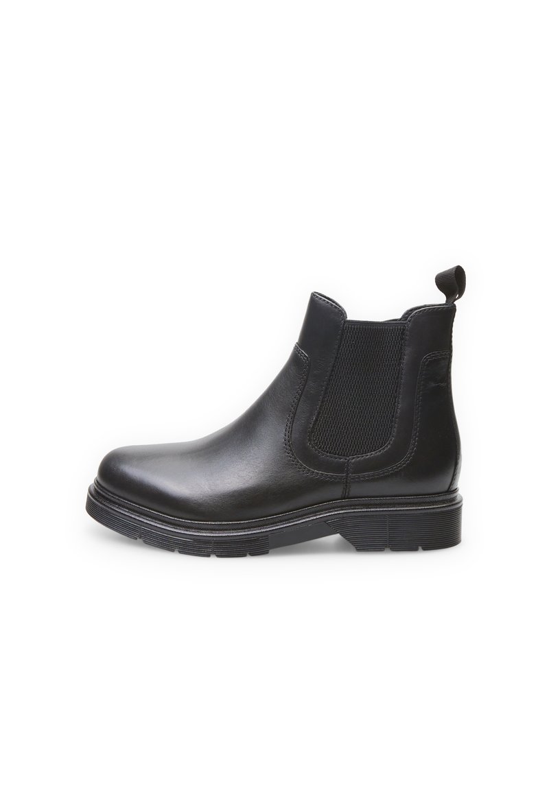 Bottes Chelsea en cuir noir avec des panneaux latéraux en élastique, une languette, une semelle en caoutchouc texturée et une conception élégante à bout rond.