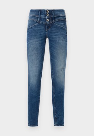 Schmale Jeans aus dunkelblauem Denim mit einem verblassten Finish, ausgestattet mit einer hochgeschnittenen Taille, einem Zwei-Knopf-Verschluss und einem distressed Look an den Beinen.