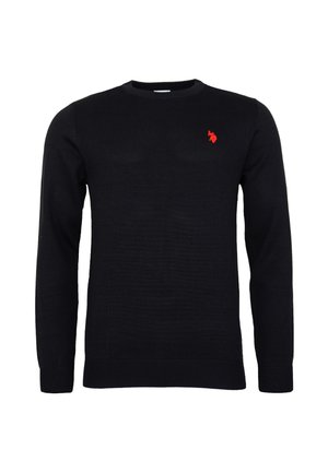 Maglione nero a maniche lunghe con scollo rotondo e un piccolo logo ricamato rosso sul lato sinistro del petto.