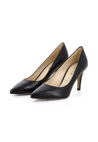 Décolleté neri in pelle con tacco alto, punta affusolata e superficie liscia e lucida; presenta un tacco sottile e un design minimalista.