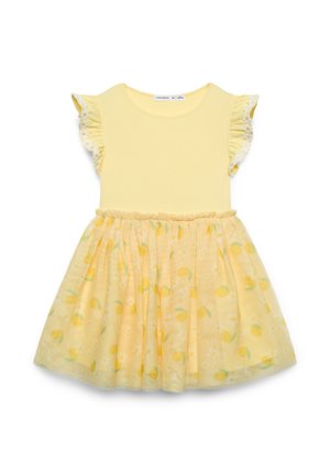 Abito giallo con maniche corte arricciate, corpetto aderente e gonna svasata con stampe di limoni e fiori. Tessuto morbido e leggero.