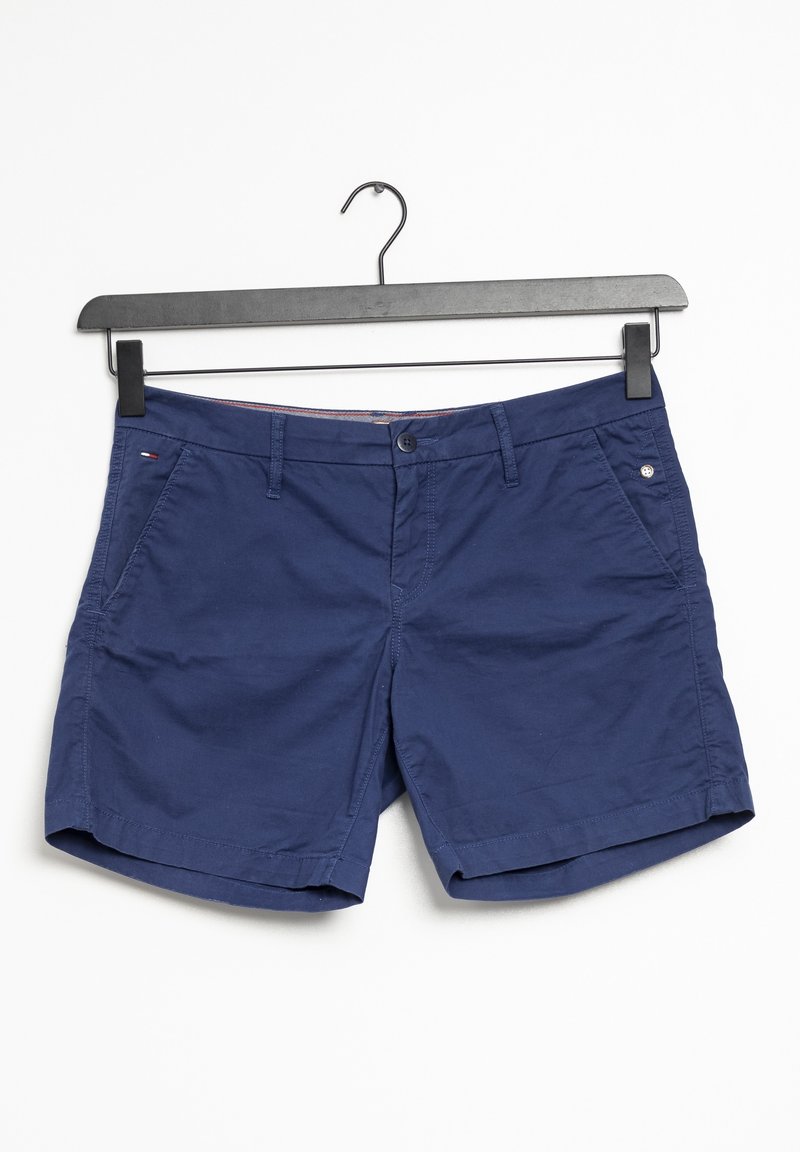 Navy blue shorts with a smooth texture, featuring front pockets, a button closure, and a small logo detail on the side.