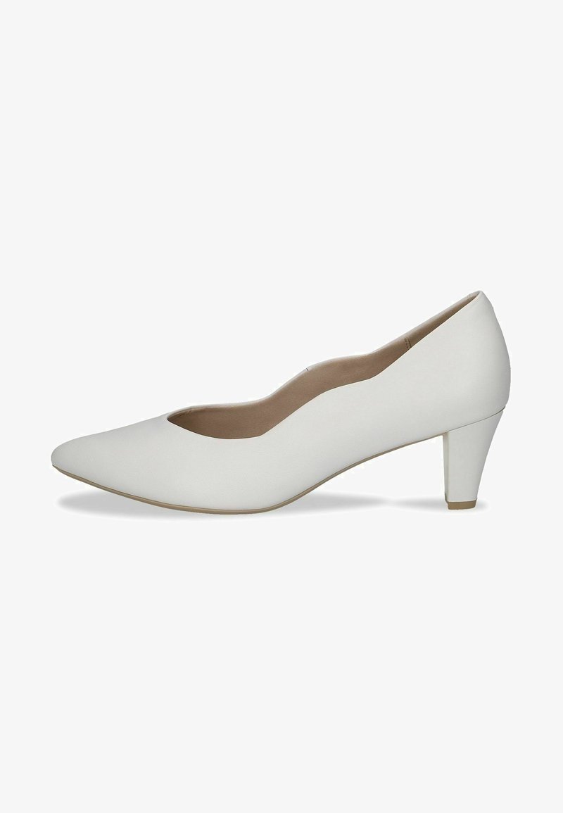 White faux leather pump with a pointed toe and a modest heel. Smooth texture, sleek design, and an elegant low-cut opening.