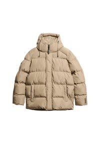 Giacca a vento beige con cappuccio, dotata di chiusura con zip, due tasche frontali e lacci elasticizzati attorno al cappuccio e all'orlo. Superficie testurizzata.