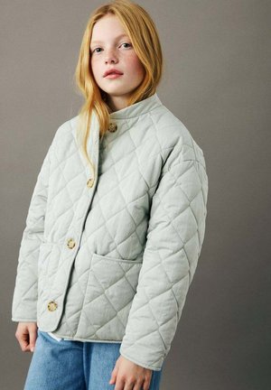 Giacca trapuntata verde chiaro con collo alto, chiusura frontale con bottoni e due tasche laterali, caratterizzata da un motivo a rombi e una texture morbida.