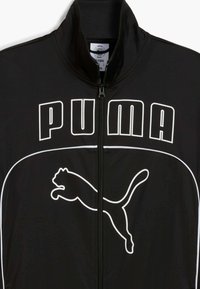 Sort atletisk jakke med høj krave, fuld lynlås, stort hvidt "PUMA" logo og en hvid silhuet af en springende panter.