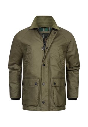 Veste en coton vert olive avec un col en velours côtelé, fermeture à boutons sur le devant, deux poches poitrine et une doublure intérieure à carreaux.