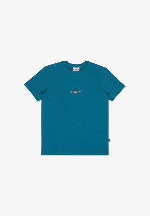 T-shirt blu a maniche corte con scollo tondo, con piccolo logo centrale e grafica decorativa sul petto.