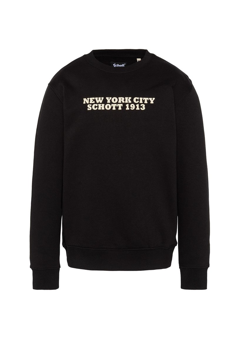 Felpa nera con collo a giro, caratterizzata dalla scritta "NEW YORK CITY SCHOTT 1913" in testo beige sulla parte frontale. Polsini e orlo a coste.