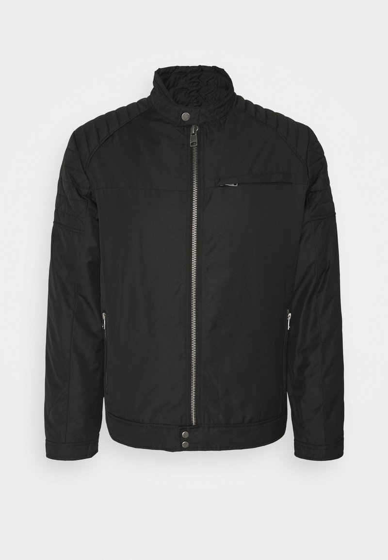 Schwarze gesteppte Steppjacke mit hohem Kragen, durchgehendem Reißverschluss, seitlichen Taschen und gesteppter Schulterpartie. Entworfen für Wärme und Komfort.