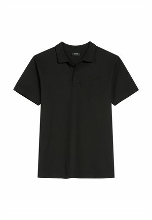 Czarna koszulka polo z bawełny z klasycznym kołnierzykiem i krótkimi rękawami; posiada subtelne wytłaczane logo na piersi.