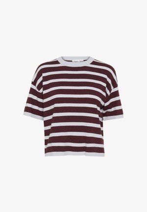 Gestreiftes Kurzarmoberteil in Burgunderrot und Hellgrau. Mit einem Rundhalsausschnitt und entspannter Passform aus einem weichen, strukturierten Strickmaterial.
