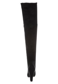 Black suede over-the-knee boots with a sleek design, pointed toe, and a high heel, featuring a smooth texture and no visible decorations.