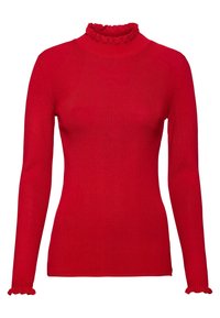 Rode turtleneck trui met lange mouwen, voorzien van een gerimpelde halslijn en golvende manchetten, gemaakt van een zachte, rekbare breimateriaal.