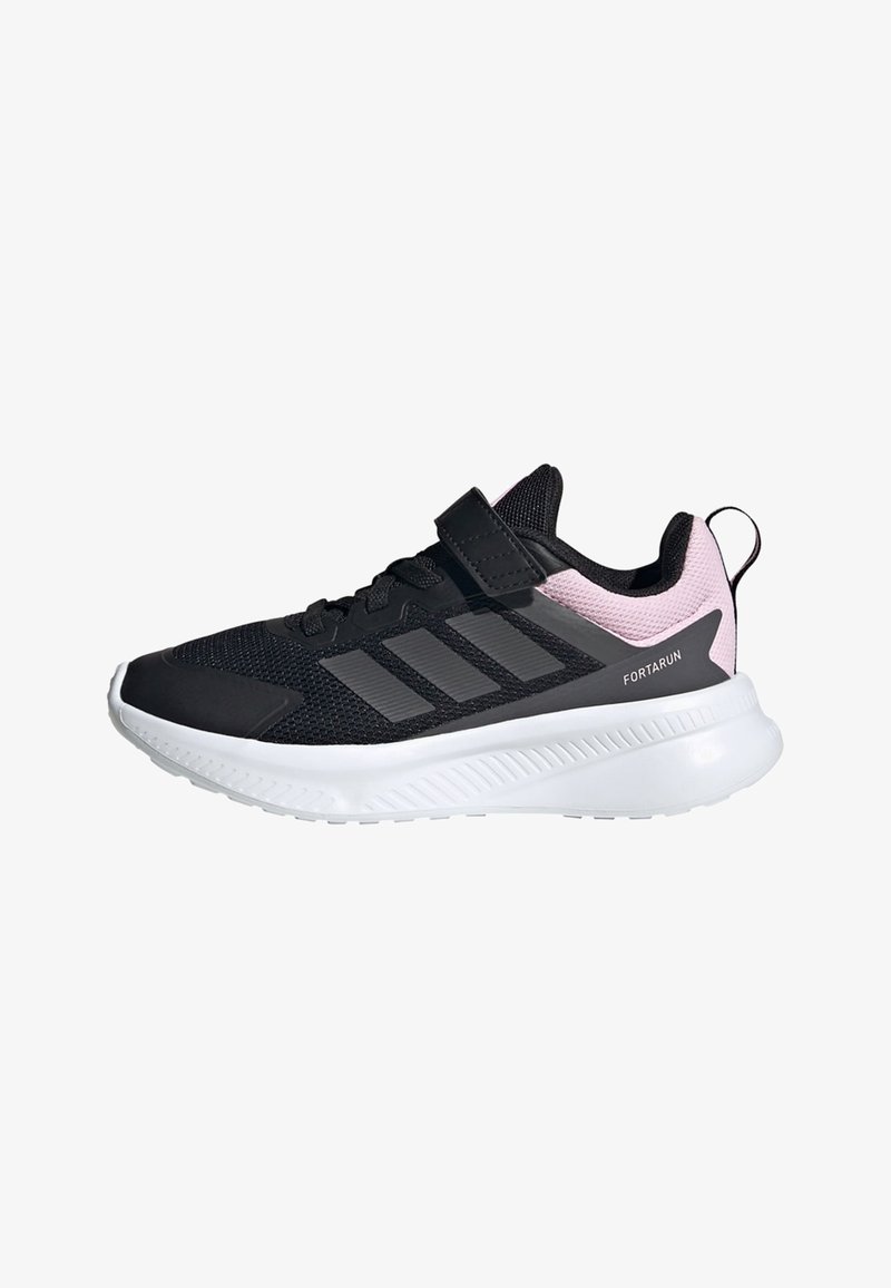 Black sneaker featuring a mesh upper, three grey stripes, pink accents, Velcro strap, and a white rubber sole with textured tread.