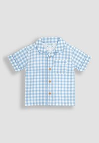 Camicia a maniche corte in fantasia gingham blu e bianco, con colletto, taschino e bottoni in legno.