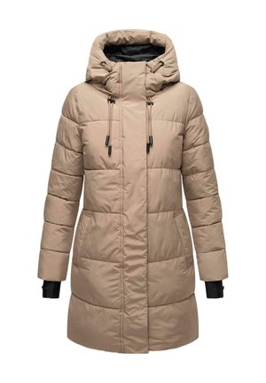 Beżowa ocieplana parka z kapturem, pikowana, z długimi rękawami i dwiema przednimi kieszeniami. Posiada regulowane sznurki i czarne wykończenie.