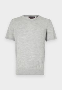 Light grey short-sleeve t-shirt in a soft, textured fabric with a crew neckline and minimal seam detailing. Brand label visible inside neckline.