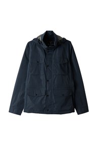 Laivansinis vedenkestävä takki, jossa on huppu, useita etutaskuja, nepparilukot ja nauhakoristeet. Sileä, tekstuuriin kuuluva kangas.