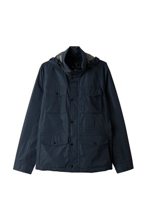 Marineblaue wasserdichte Jacke mit Kapuze, mehreren vorderen Taschen, Druckknöpfen und Zugband-Details. Glattes, strukturiertes Gewebe.