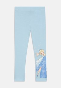 Leggings per bambini di colore blu chiaro con una stampa di un personaggio di una principessa bionda in un vestito blu con stelle brillanti.