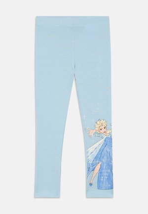 Light blue children's leggings featuring a print of a blonde princess character in a blue dress with sparkling stars.