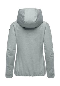 Lysegrå jakke for kvinner med romslig hette, elastiske mansjetter og teksturert overflate. Har en tettsittende design og livlinje for komfort.