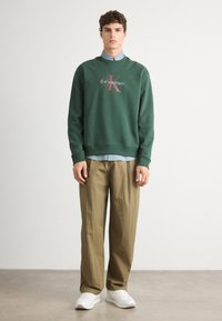 Sweatshirt verde com o logótipo "Calvin Klein", sobreposto a uma camisa riscada azul clara. Calças caqui de corte relaxado e ténis brancos completam o visual.