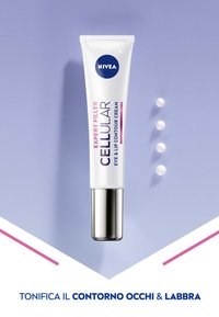 Tubetto bianco di crema contorno occhi e labbra NIVEA con base argentata. Testo in viola e rosa. Tre perle bianche posizionate accanto al tubetto.
