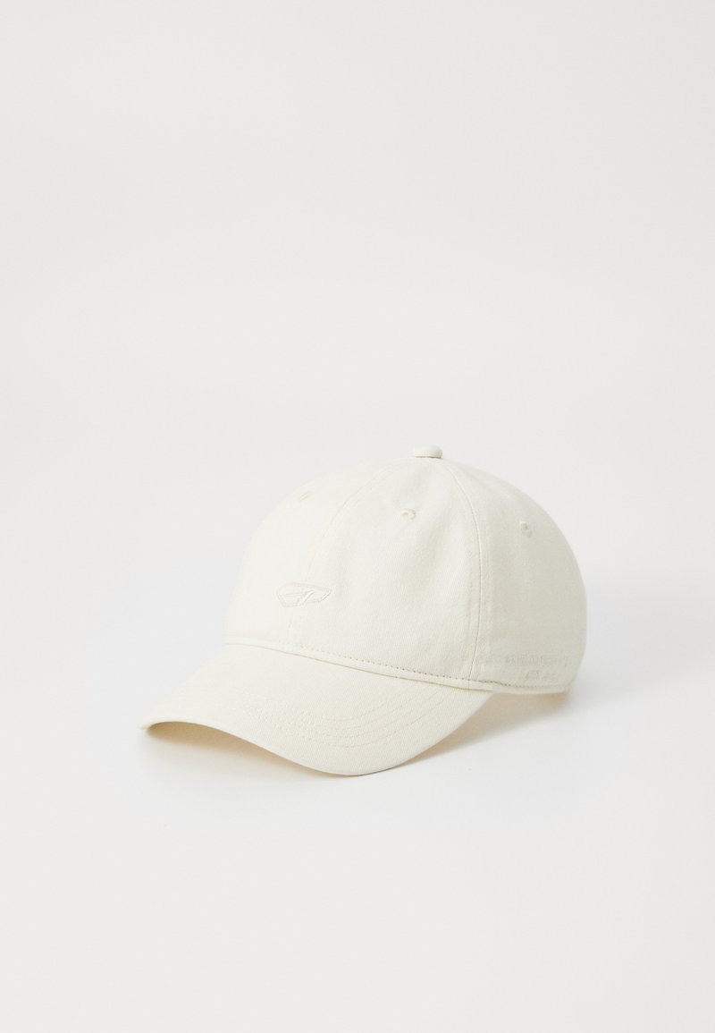 Cappello da baseball in cotone color crema con corona arrotondata, occhielli cuciti e visiera curva; presenta un ricamo del logo minimalista sul davanti.