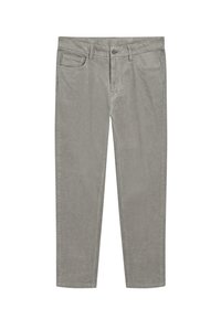 Pantaloni in cotone grigio con frontale piatto, cinque tasche e taglio dritto. Texture morbida con una finitura liscia.