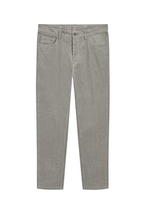 Pantalon en coton gris avec un devant plat, cinq poches et une coupe droite. Texture douce avec une finition lisse.