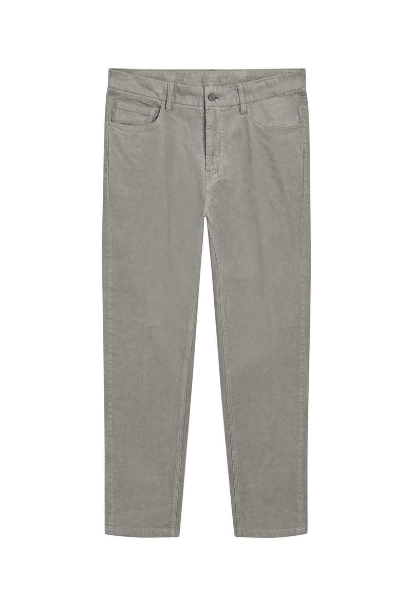 Pantaloni in cotone grigio con frontale piatto, cinque tasche e taglio dritto. Texture morbida con una finitura liscia.