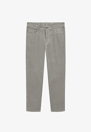 Graue Baumwollhosen mit flachem Vorderteil, fünf Taschen und geradem Bein. Weiche Textur mit glatter Oberfläche.