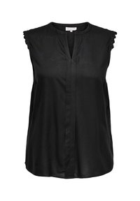 Fekete ujjatlan blúz V-kivágással, sima anyagból készült. Finom csipke díszítéssel a vállakon és oldalsó hasítékokkal a kényelmes mozgás érdekében.