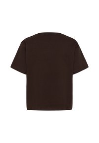 T-shirt court marron foncé à manches courtes avec un col rond, vu de dos sur un fond blanc uni.