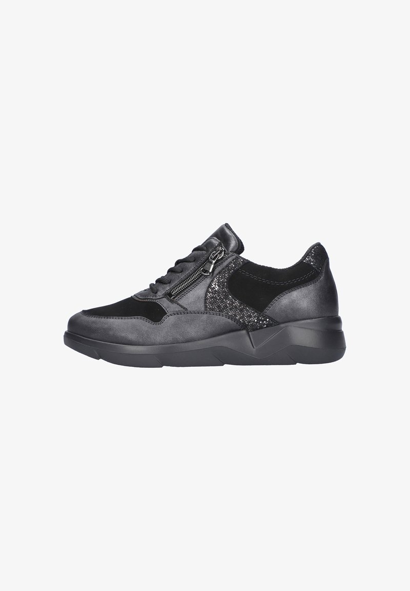 Black athletic shoes featuring a mix of smooth and textured materials, with a side zipper, lace-up front, and a chunky black sole.