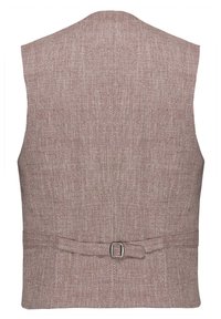 Bakvy av en skräddarsydd väst för herrar i texturerad ljusbrun tyg med justerbart bälte och silverfärgad spänne vid midjan.
