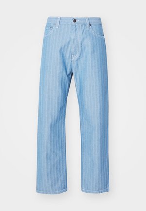 Light blue denim jeans with a vertical striped pattern, straight leg cut, button closure, and white stitching details.