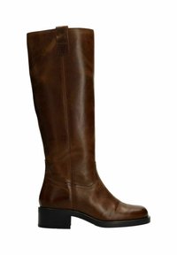 Brown leather knee-high boot with a block heel, smooth texture, and stitching details along the side. Features a pull tab at the top.