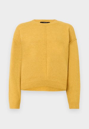 Yellow knitted sweater with a round neckline, dropped shoulders, and ribbed hem. Soft texture and a simple, straight-cut design.